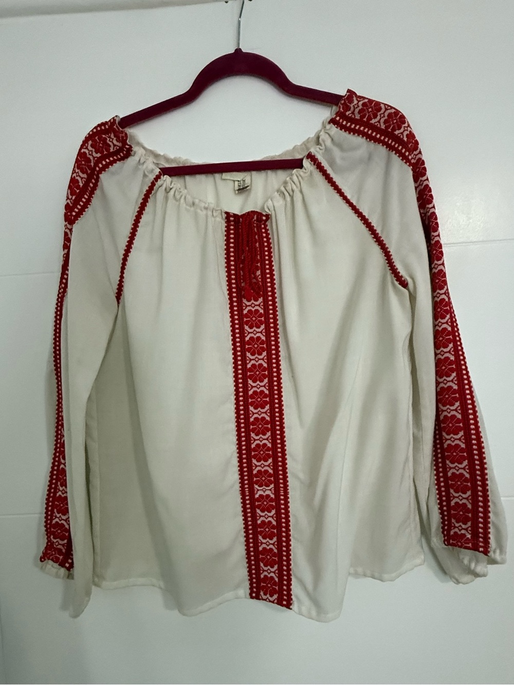 Vintage Embroidered 1970’s Peasant Blouse - Red on Cream